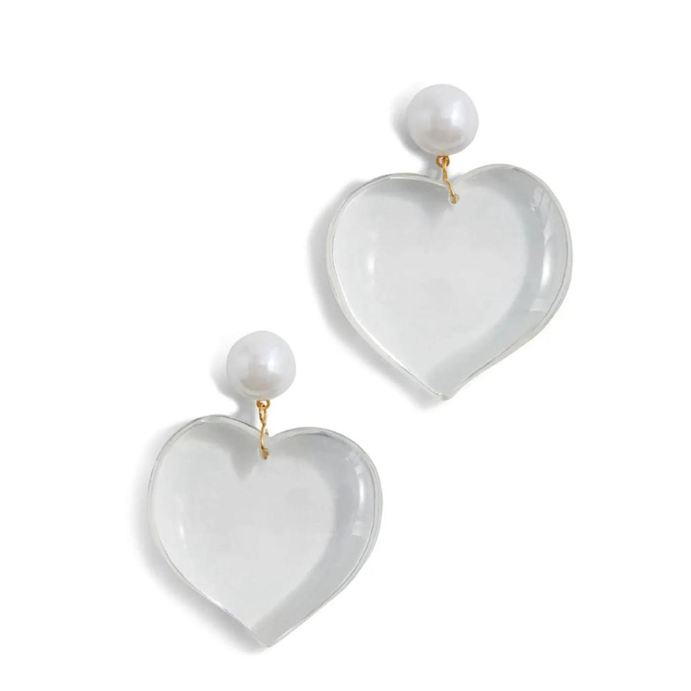 Kenneth Jay Lane Pearl Top Clear Heart Drop Earrings